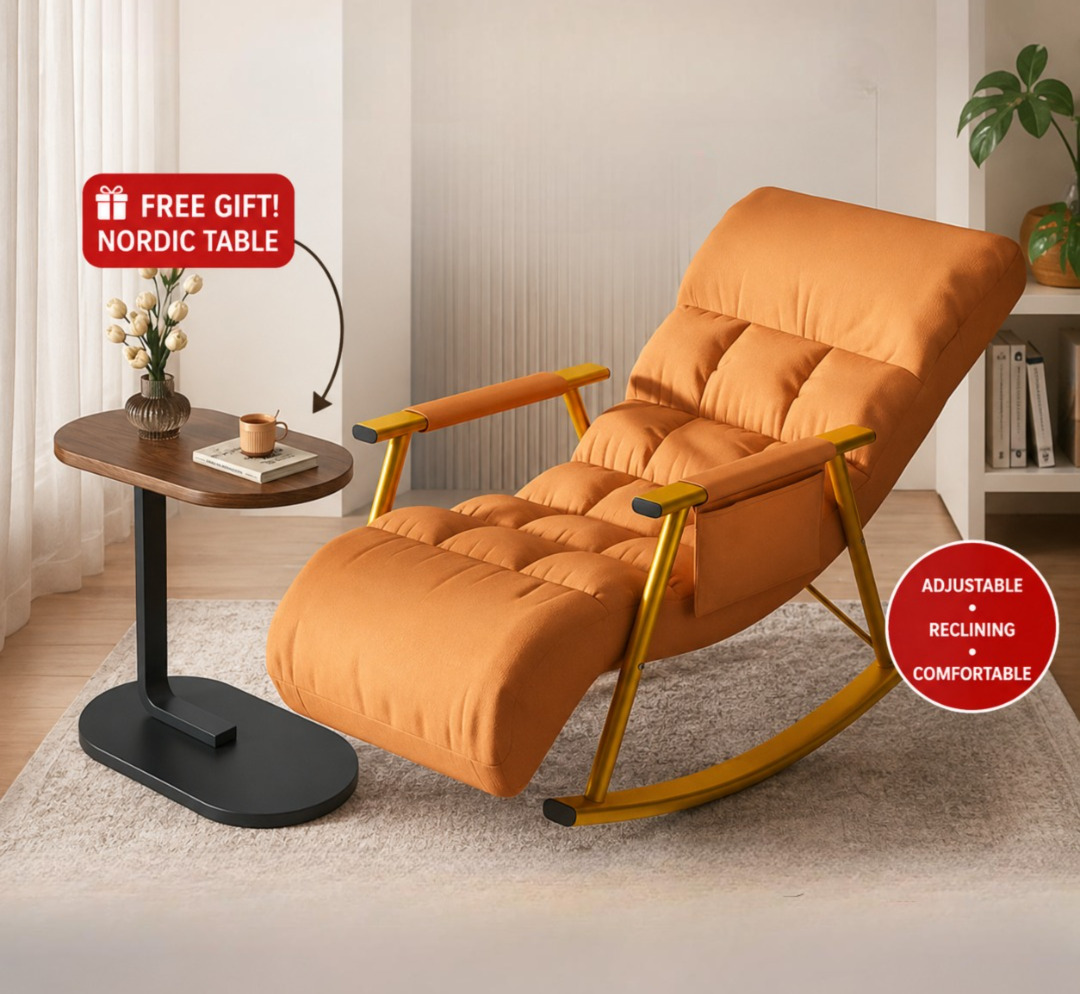 BennyBoom adjustable reclining rocking lounge chair in orange with matching Nordic side table